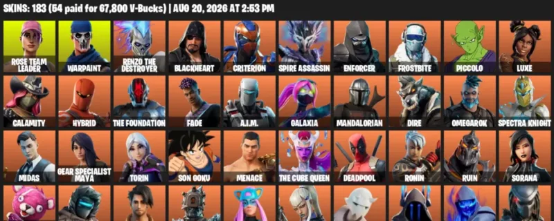 Fortnite account inventory for LVL 1668 - Rose Team Leader - Warpaint - 183 Outfits