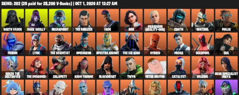 Fortnite account inventory for Darth Vader - Dark Skully - 120 Outfits