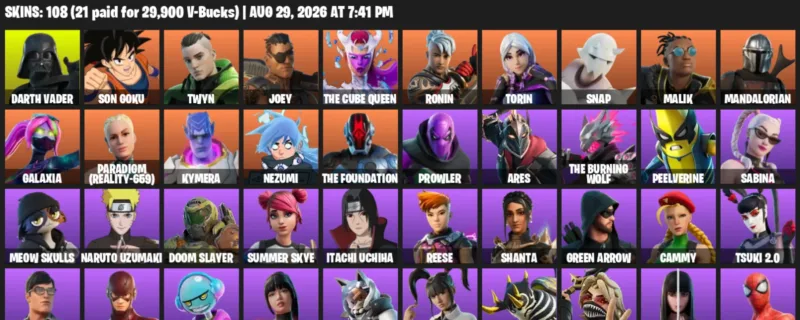 Fortnite account inventory for LVL 1067 - Darth Vader - Son Goku - 108 Outfits