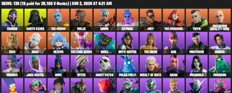 Fortnite account inventory for LVL 1190 - Xander - Darth Vader - 135 Outfits