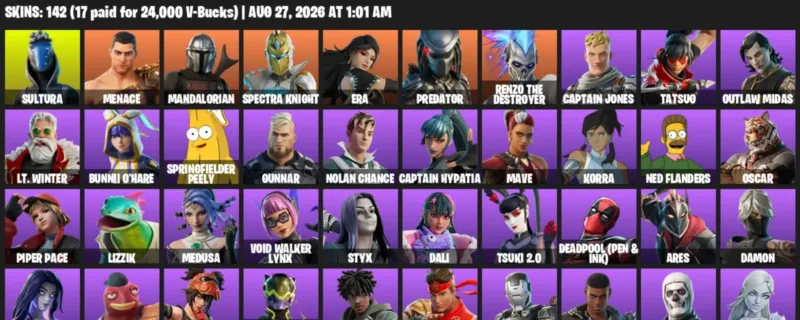 Fortnite account inventory for LVL 1200 - Sultura - Menace - 142 Outfits