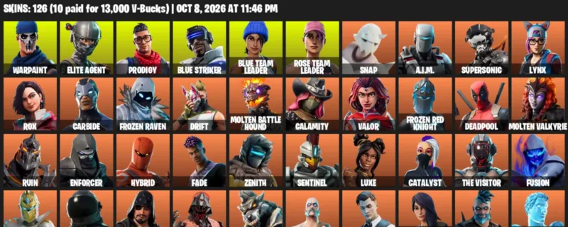 Fortnite account inventory for Warpaint - Elite Agent - 120 Outfits