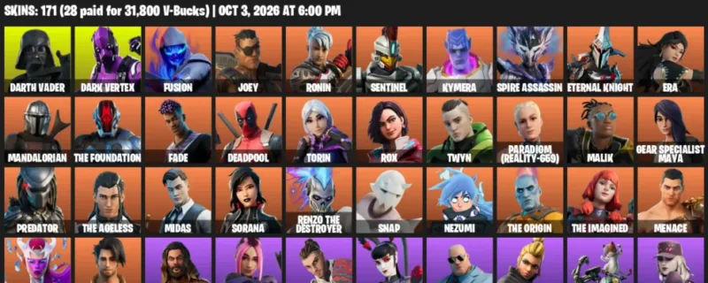 Fortnite account inventory for Darth Vader - Dark Vertex - 120 Outfits