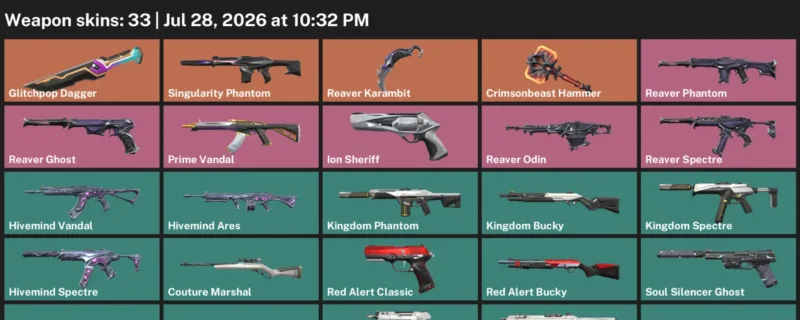 Valorant Accounts listing: LVL 82 · Glitchpop Dagger & Reaver Karambit · 33 Skins - Silver 3, 33 skins