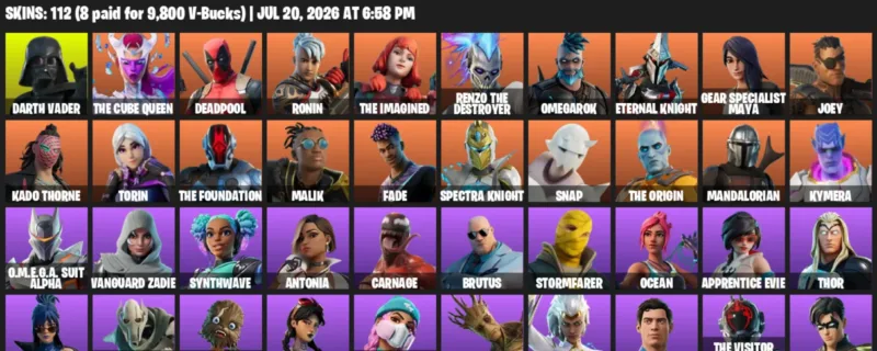 Fortnite Accounts listing: LVL 2001 - Darth Vader - The Cube Queen - 112 Outfits - 112 outfits