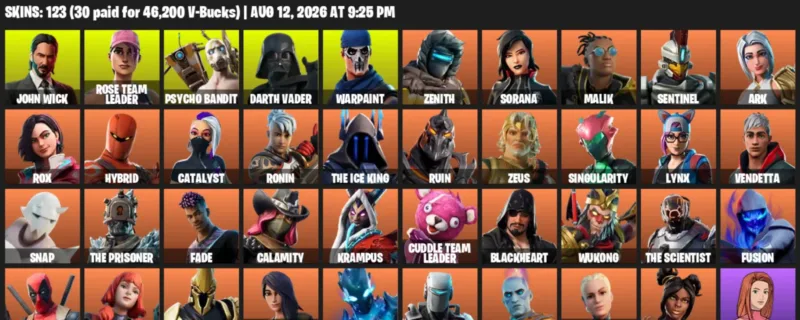 Fortnite account inventory for LVL 1151 - John Wick - Rose Team Leader - 123 Outfits
