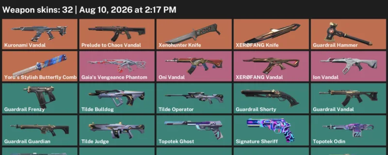 Valorant account inventory for LVL 49 · Xenohunter Knife & XerØFang Knife & 32 Skins Xenohunter Knife