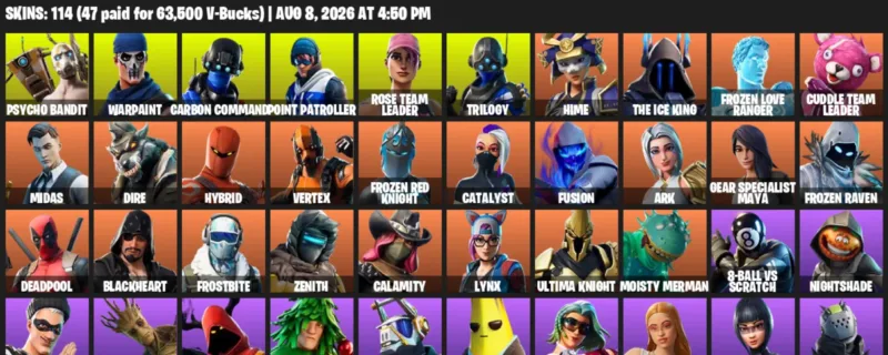 Fortnite account inventory for LVL 1336 - Psycho Bandit - Warpaint - 114 Outfits
