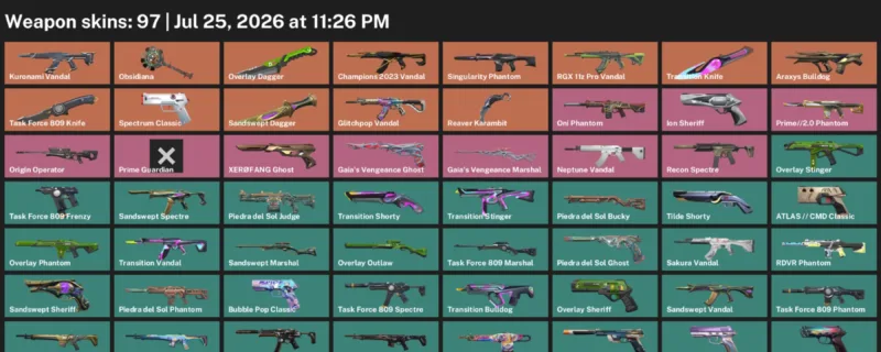 Valorant Accounts listing: LVL 338 · Overlay Dagger & Reaver Karambit · 97 Skins - Platinum 1, 97 skins