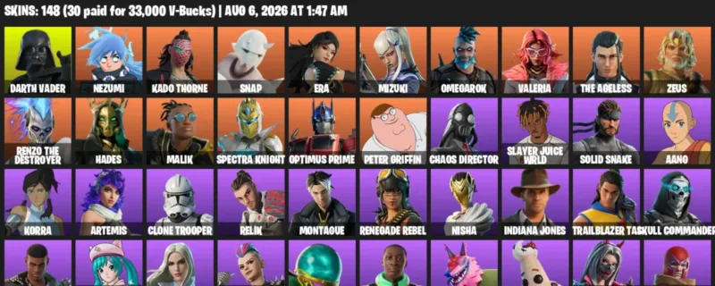 Fortnite account inventory for LVL 2848 - Darth Vader - Nezumi - 148 Outfits