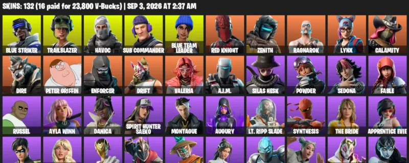 Fortnite account inventory for LVL 816 - Blue Striker - Trailblazer - 132 Outfits