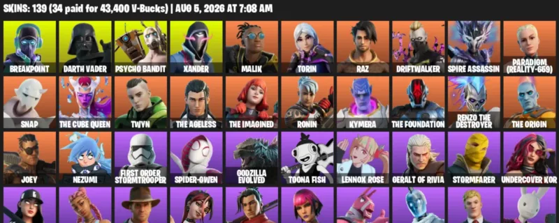 Fortnite account inventory for LVL 2529 - Breakpoint - Darth Vader - 139 Outfits
