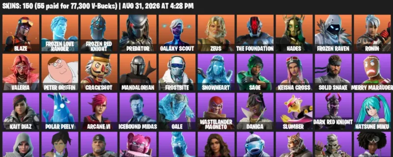 Fortnite account inventory for LVL 2466 - Blaze - Frozen Love Ranger - 150 Outfits