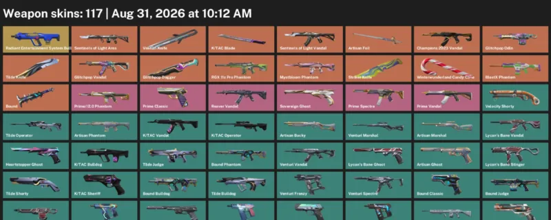 Valorant account inventory for LVL 318 · Glitchpop Dagger & K & 117 Skins Glitchpop Dagger
