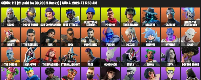 Fortnite account inventory for LVL 1293 - Havoc - Rogue Agent - 117 Outfits