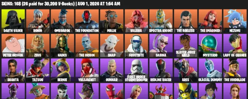 Fortnite account inventory for LVL 2565 - Darth Vader - Ronin - 168 Outfits