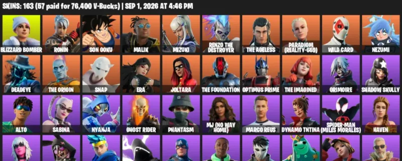 Fortnite account inventory for LVL 1745 - Blizzard Bomber - Ronin - 163 Outfits