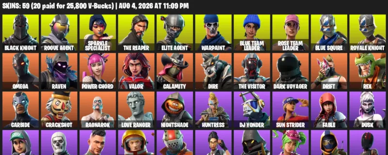 Fortnite account inventory for LVL 827 - Black Knight - Rogue Agent - 59 Outfits