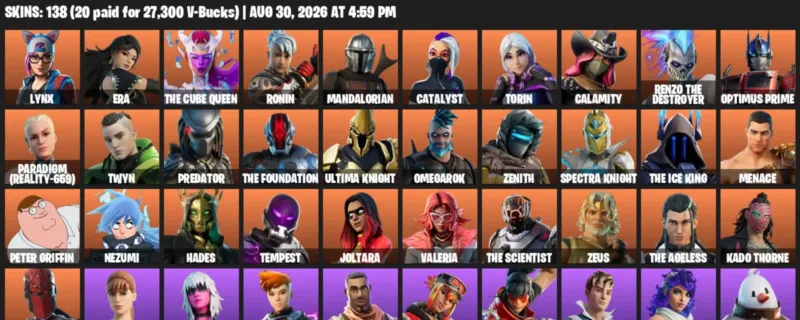 Fortnite account inventory for LVL 2446 - Lynx - Era - 138 Outfits