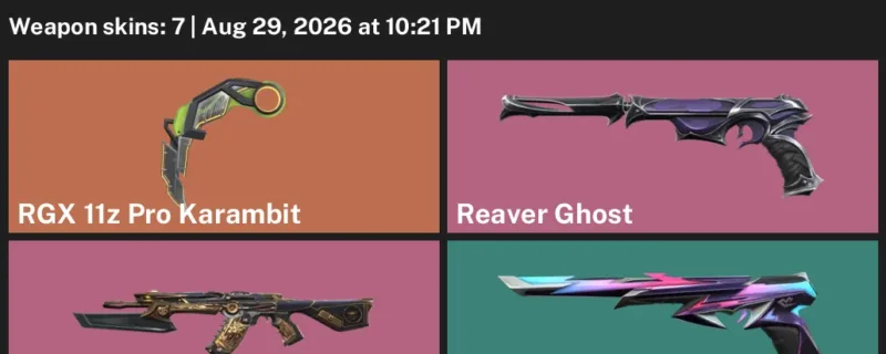 Valorant account inventory for LVL 104 · RGX 11z Pro Karambit & Reaver Ghost