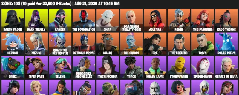 Fortnite account inventory for LVL 1861 - Darth Vader - Dark Skully - 108 Outfits