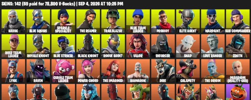 Fortnite account inventory for LVL 805 - Havoc - Blue Squire - 142 Outfits
