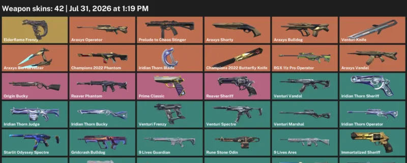 Valorant account inventory for LVL 68 · Venturi Knife & Iridian Thorn Blade