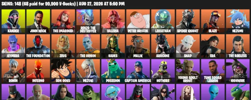 Fortnite account inventory for LVL 1217 - Xander - John Wick - 148 Outfits