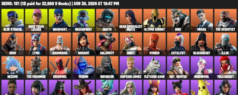 Fortnite account inventory for LVL 2096 - Blue Striker - Rose Team Leader - 151 Outfits
