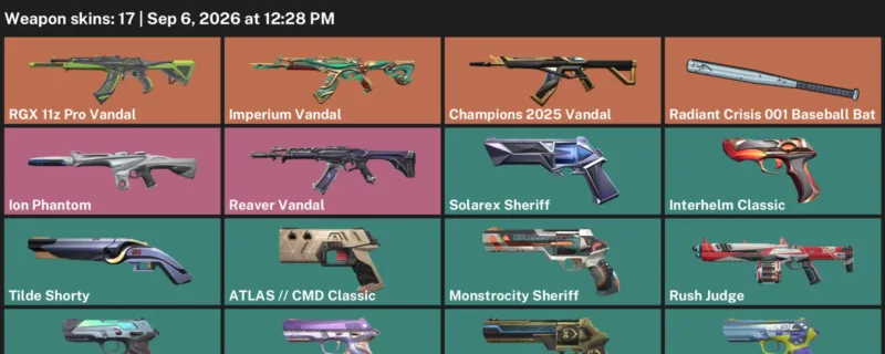 Valorant account inventory for LVL 182 · Champions 2025 Vandal & Ion Phantom