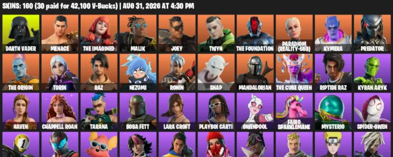 Fortnite account inventory for LVL 1974 - Darth Vader - Menace - 160 Outfits