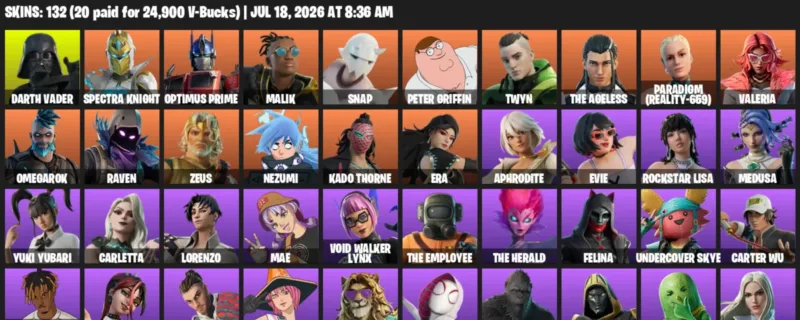 Fortnite Accounts listing: LVL 2193 - Darth Vader - Spectra Knight - 132 Outfits - 132 outfits