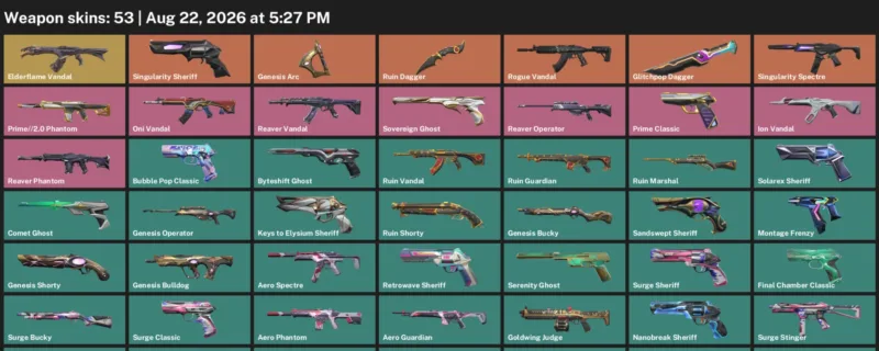 Valorant account inventory for LVL 289 · 53 Skins Glitchpop Dagger & Glitchpop Dagger & Ruin Dagger