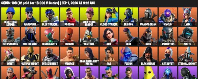 Fortnite account inventory for LVL 1302 - Blue Team Leader - Warpaint - 108 Outfits