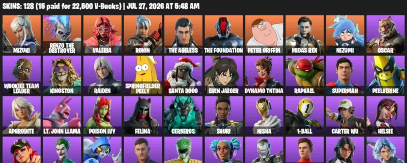 Fortnite Accounts listing: LVL 2771 - Mizuki - Renzo the Destroyer - 128 Outfits - 128 outfits
