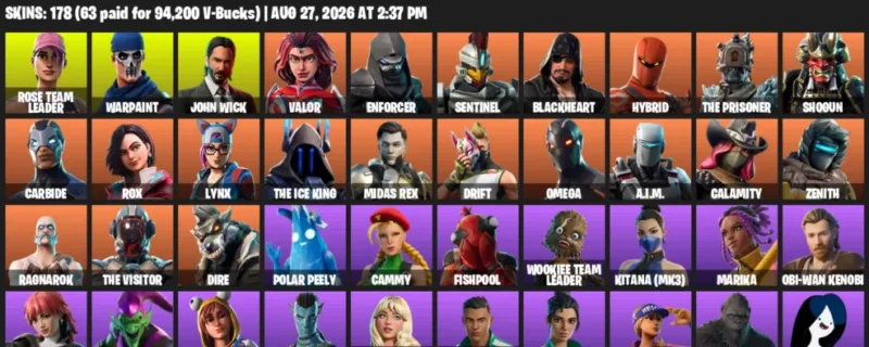 Fortnite account inventory for LVL 723 - Rose Team Leader - Warpaint - 178 Outfits