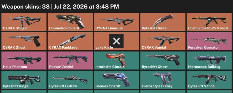 Valorant Accounts listing: LVL 113 · Byteshift Knife & Luxe Knife · 38 Skins - Gold 1, 38 skins