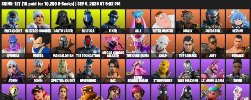 Fortnite account inventory for LVL 1492 - Breakpoint - Blizzard Bomber - 127 Outfits