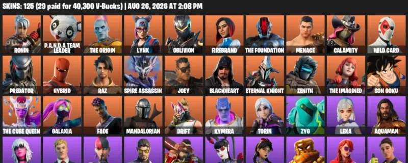 Fortnite account inventory for LVL 1446 - Ronin - P.A.N.D.A Team Leader - 125 Outfits