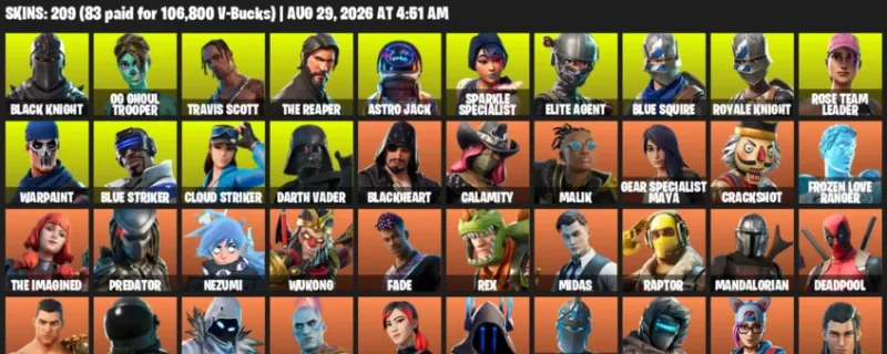 Fortnite account inventory for LVL 3029 - Black Knight - OG Ghoul Trooper - 209 Outfits