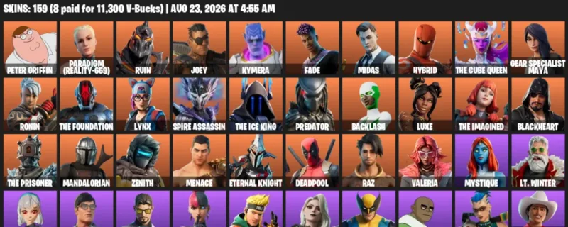 Fortnite account inventory for LVL 2181 - Peter Griffin - Paradigm (Reality-659) - 159 Outfits
