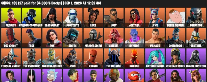 Fortnite account inventory for LVL 1778 - Prodigy - Carbon Commando - 139 Outfits