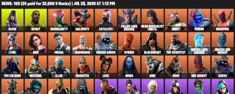 Fortnite Accounts listing: LVL 893 - Glow - Scout - 109 Outfits - 109 outfits