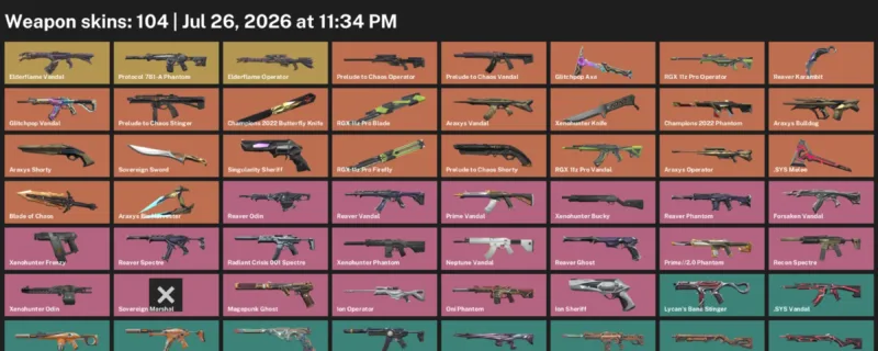 Valorant Accounts listing: LVL 84 · .SYS Melee & Blade of Chaos · 104 Skins - Platinum 2, 104 skins