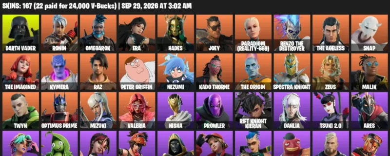 Fortnite account inventory for Darth Vader - Ronin - 120 Outfits