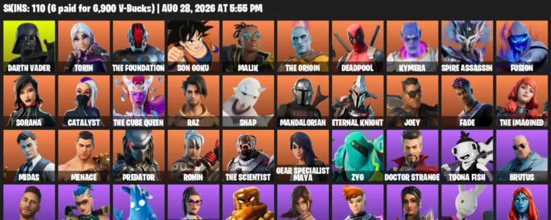Fortnite account inventory for LVL 1642 - Darth Vader - Torin - 110 Outfits