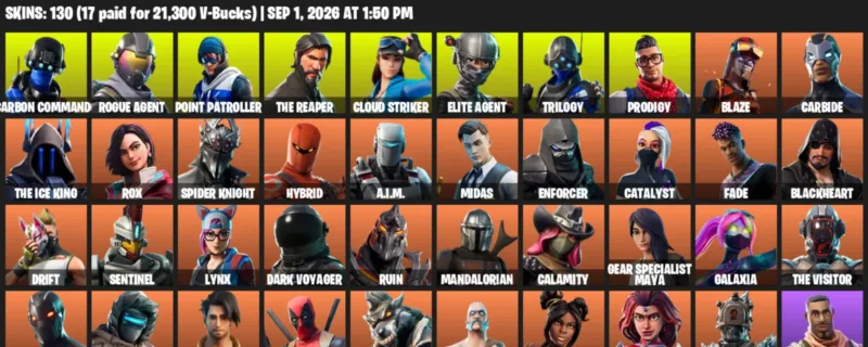 Fortnite account inventory for LVL 1323 - Carbon Commando - Rogue Agent - 130 Outfits