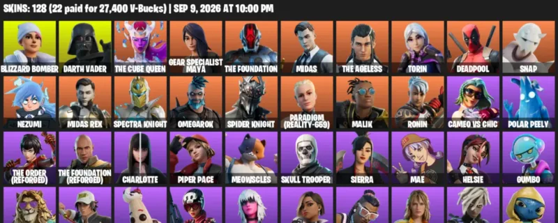 Fortnite account inventory for LVL 2028 - Blizzard Bomber - Darth Vader - 128 Outfits