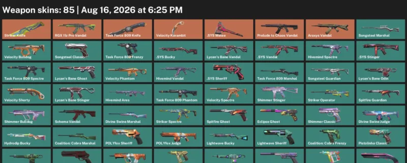 Valorant account inventory for LVL 173 · Velocity Karambit & Striker Knife