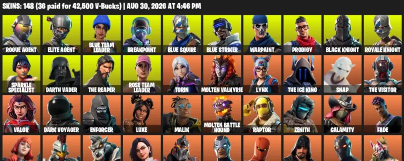 Fortnite account inventory for LVL 1753 - Rogue Agent - Elite Agent - 148 Outfits